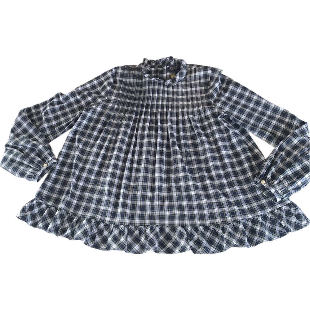 Polo Ralph Lauren Girls Ruffled Babydoll Plaid Long Sleeve Peasant Blouse 16